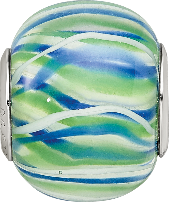Sterling Silver Reflections Rh-plated Blue Green & White Striped Glass Bead