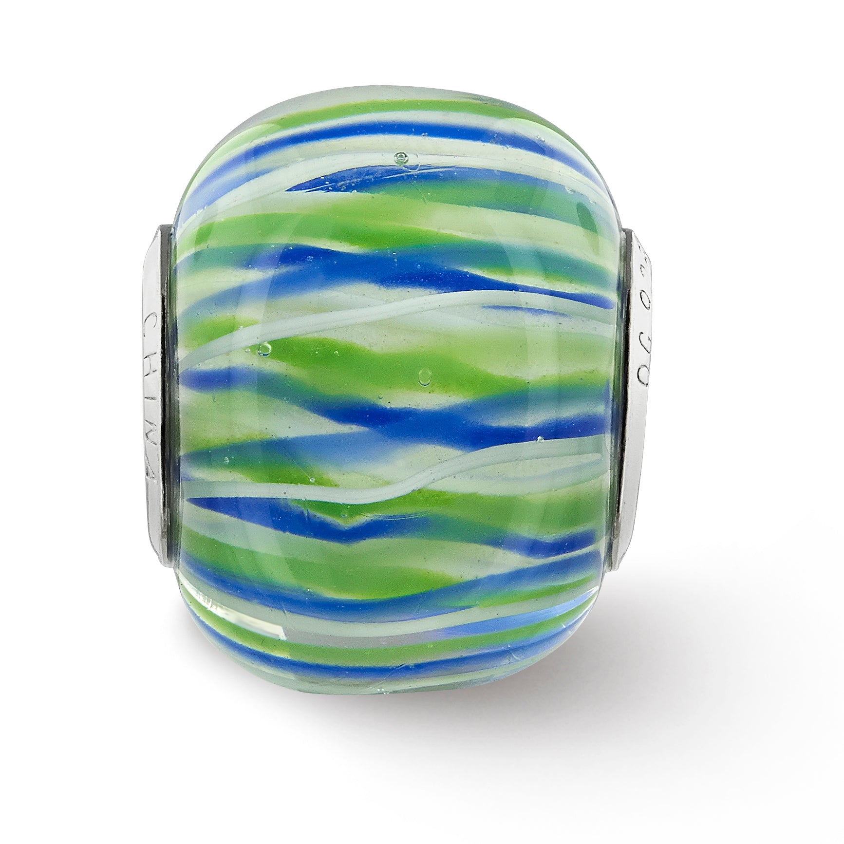 Sterling Silver Reflections Rh-plated Blue Green & White Striped Glass Bead