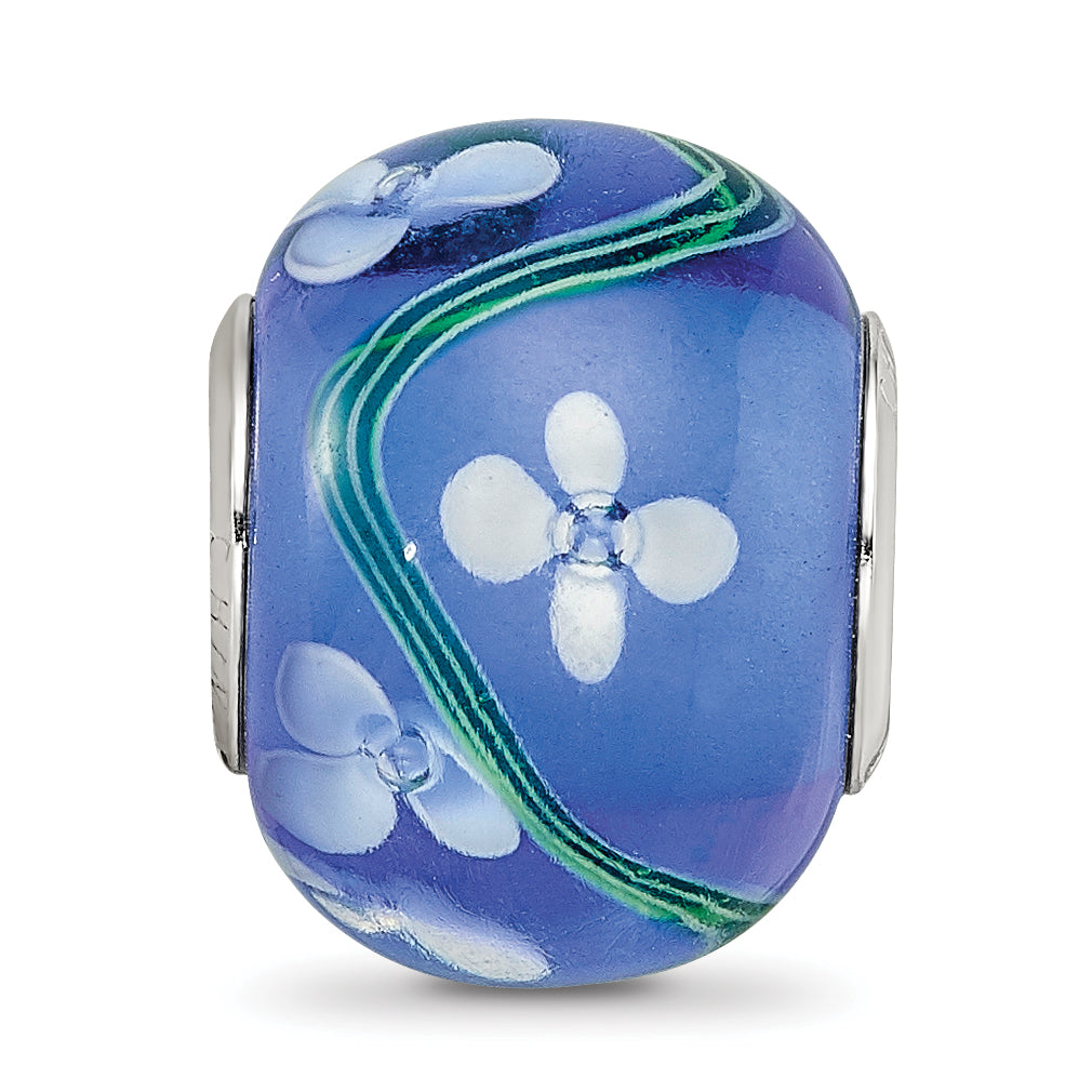 Sterling Silver Reflections Rhodium-plated White Floral Blue Glass Bead