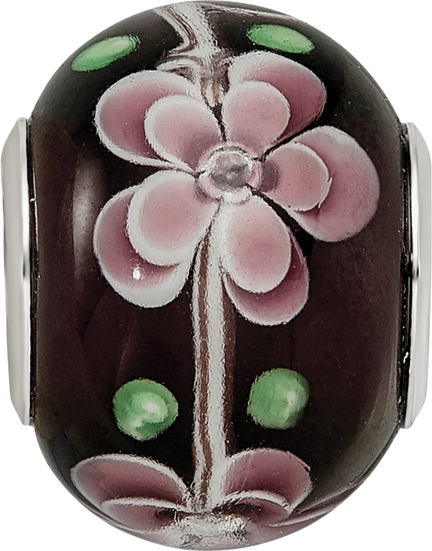 Sterling Silver Reflections Rh-plated Pink & Green Floral Black Glass Bead