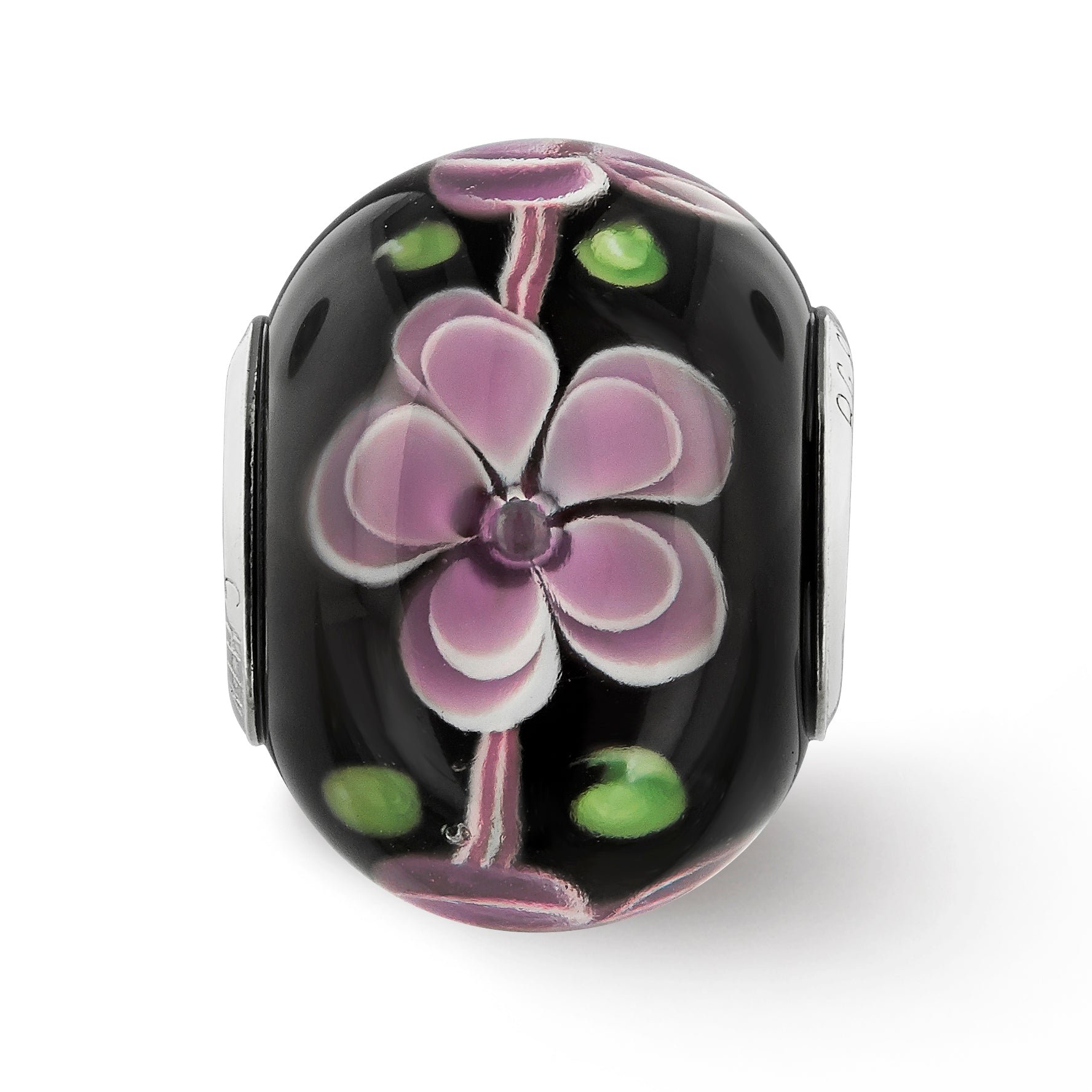 Sterling Silver Reflections Rh-plated Pink & Green Floral Black Glass Bead