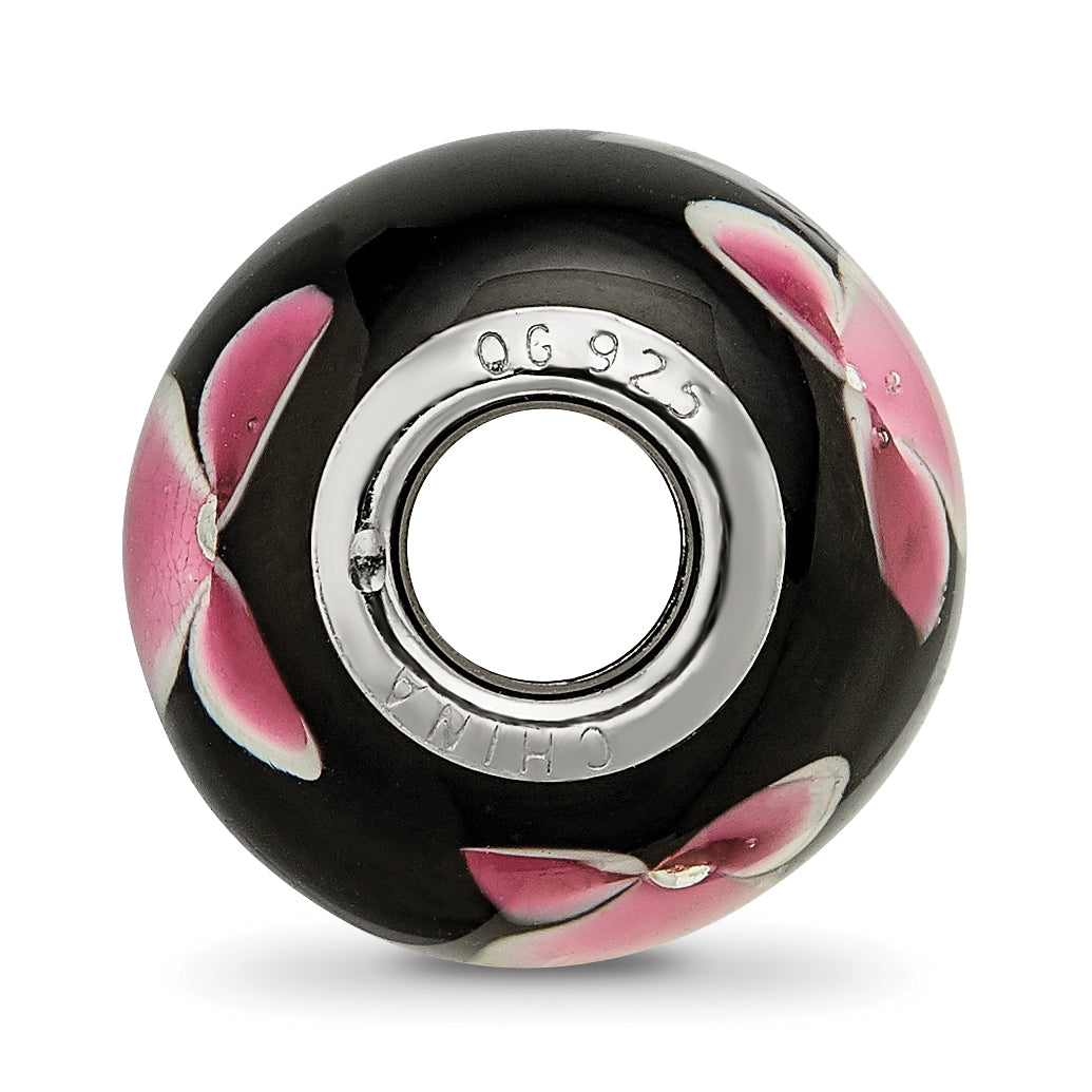 Sterling Silver Reflections Rh-plated Pink Floral Black Glass Bead