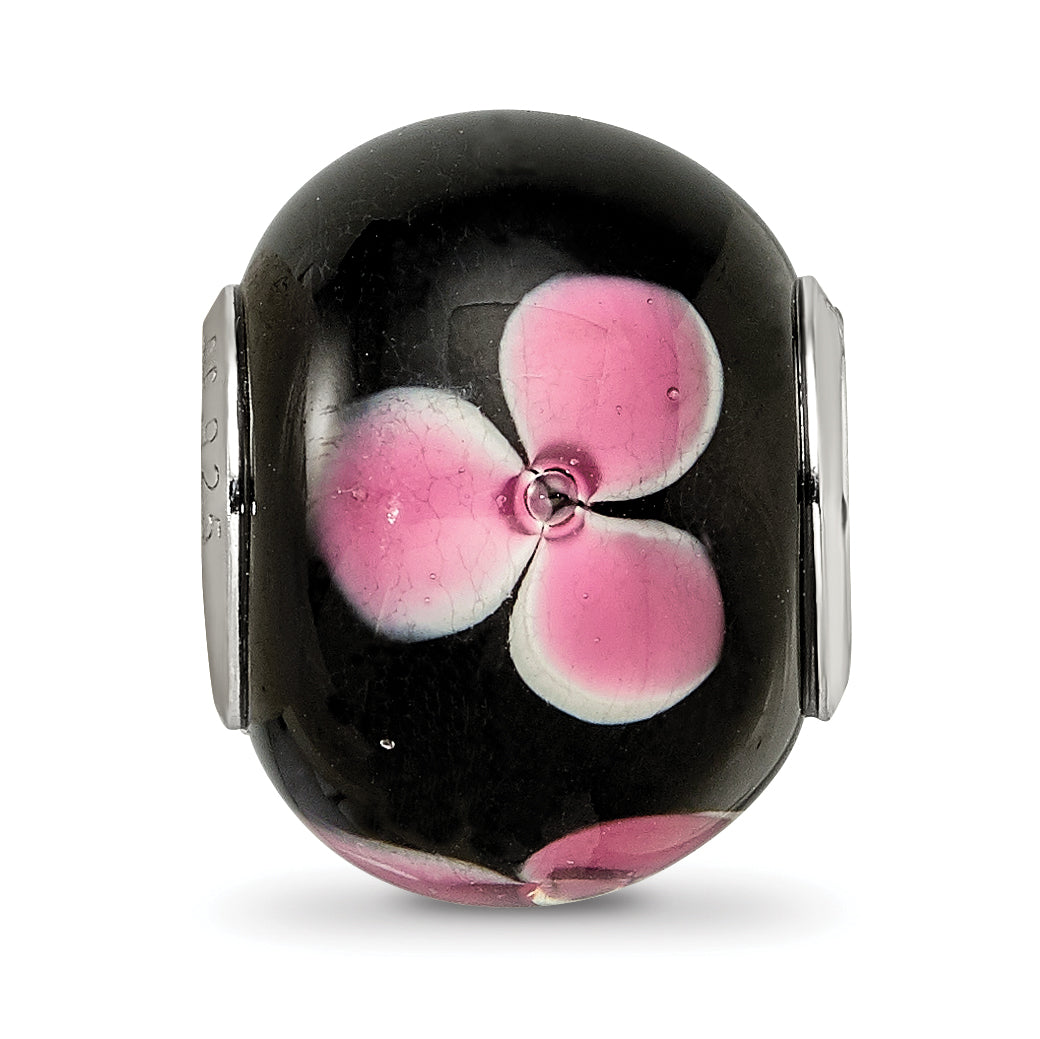Sterling Silver Reflections Rh-plated Pink Floral Black Glass Bead