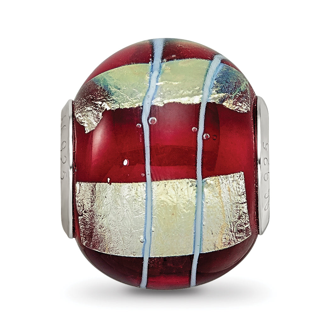 Sterling Silver Reflections Rhodium-plated Foil Striped Red Glass Bead