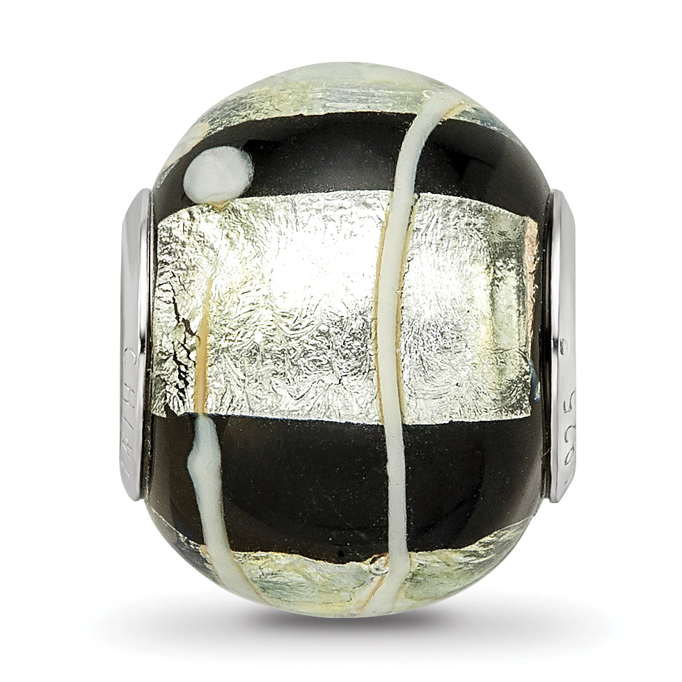 Sterling Silver Reflections rh-plated Foil White Striped Black Glass Bead