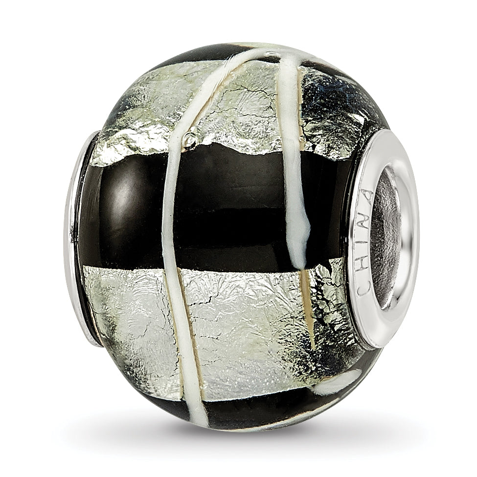 Sterling Silver Reflections rh-plated Foil White Striped Black Glass Bead