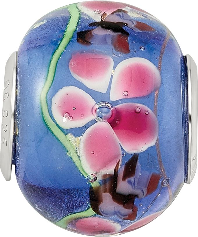 Sterling Silver Reflections Rh-plated Butterfly Pink Floral Blue Glass Bead