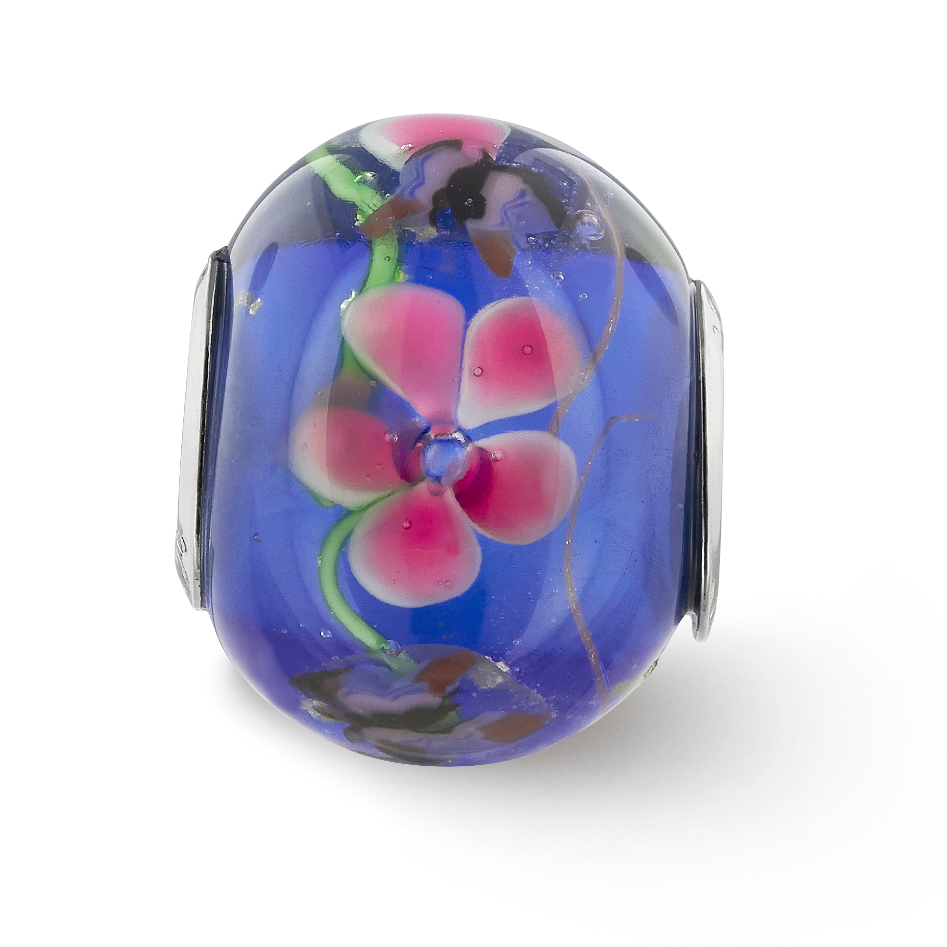 Sterling Silver Reflections Rh-plated Butterfly Pink Floral Blue Glass Bead