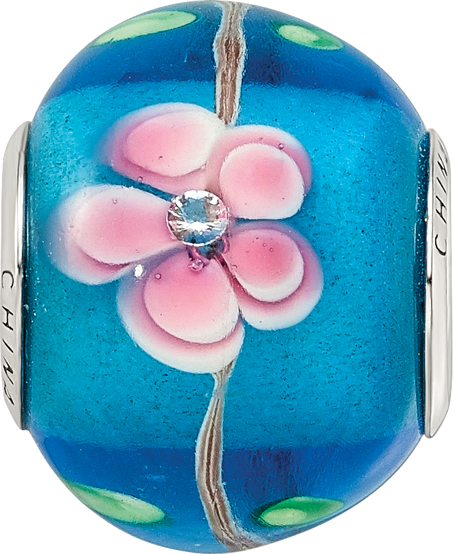 Sterling Silver Reflections rh-plated CZ Blue & Pink Floral Blue Glass Bead