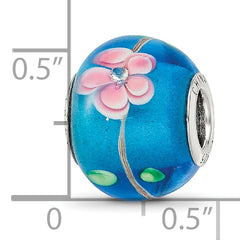 Sterling Silver Reflections rh-plated CZ Blue & Pink Floral Blue Glass Bead