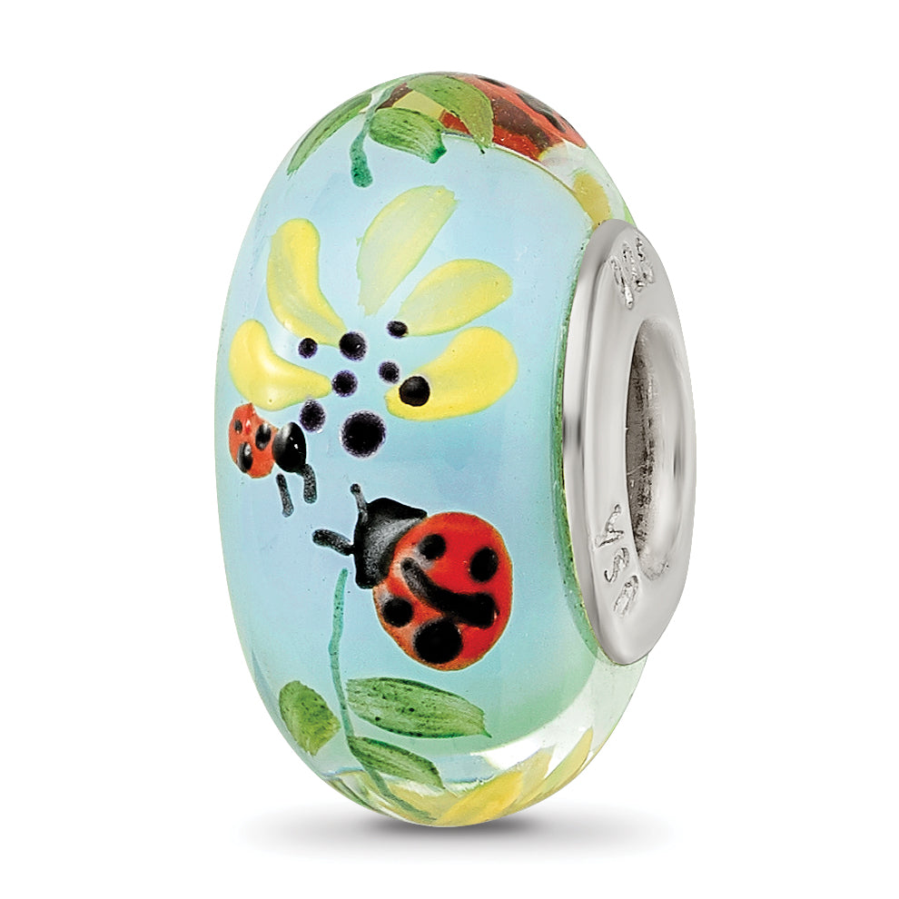 Ster.Silver Reflections Hand Painted Lady Bug Love Fenton Glass Bead