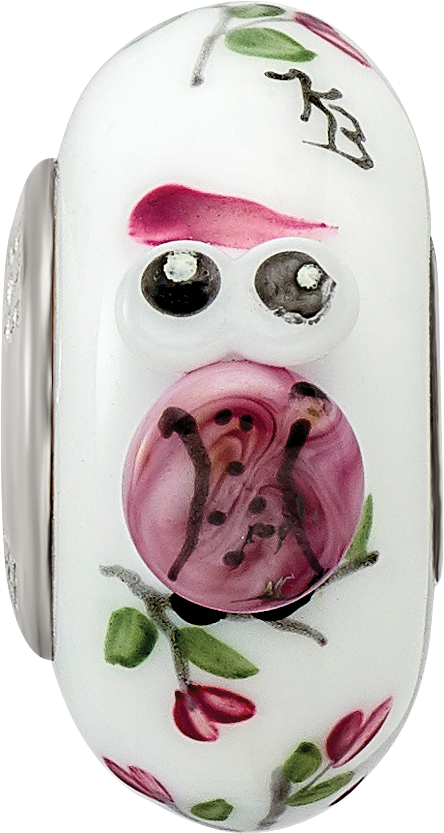 Ster.Silver Reflections Hand Painted Two Hoots For You Fenton Glass Bead
