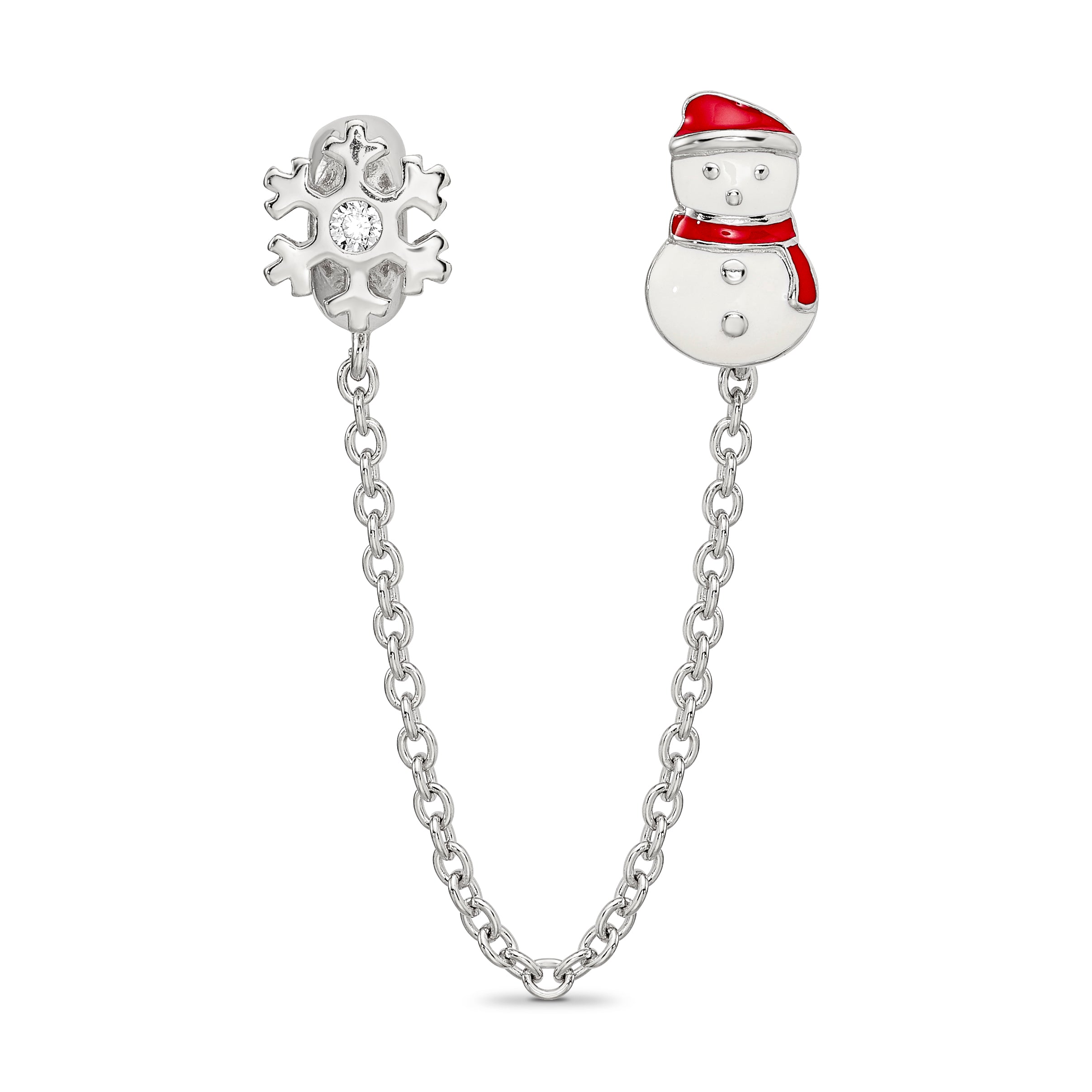 Reflections Sterling Silver Rhodium-plated 3in Security Chain Snowman & flake CZ Bead