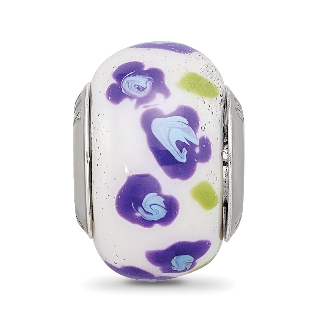 Sterling Silver Reflections Purple/Blue Flower Italian Glass Bead