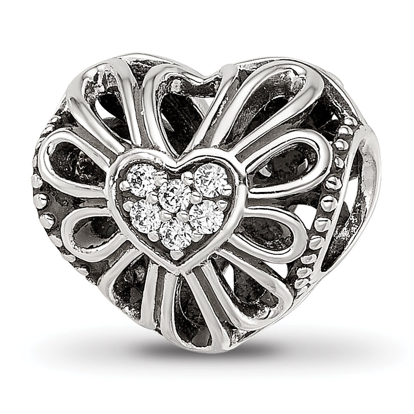 Sterling Silver Reflections Antiqued CZ Heart Bead