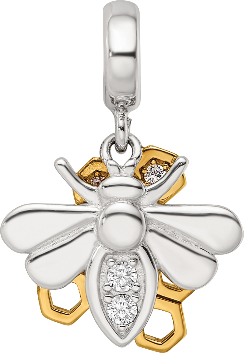 SS Reflections Rh-plated Goldplated CZ Honeycomb Bee 2-piece Dangle Bead