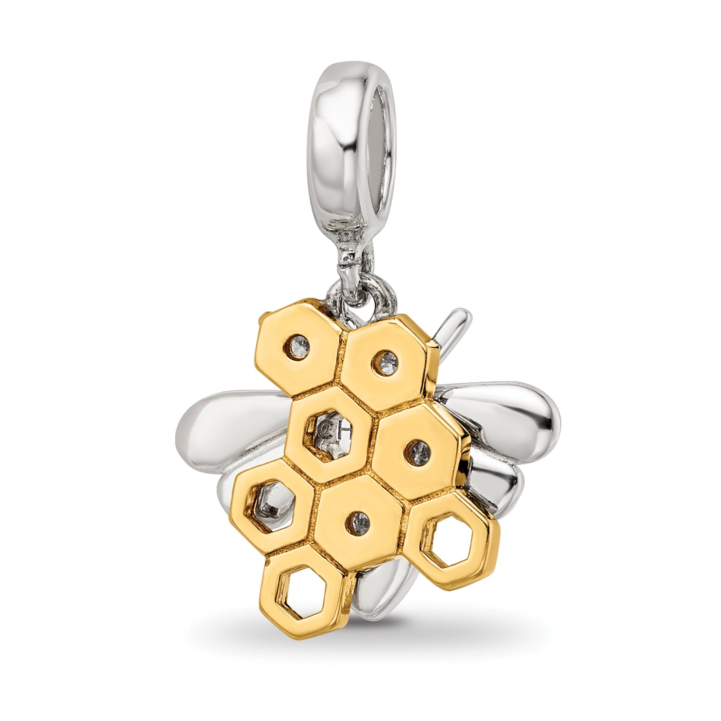 SS Reflections Rh-plated Goldplated CZ Honeycomb Bee 2-piece Dangle Bead