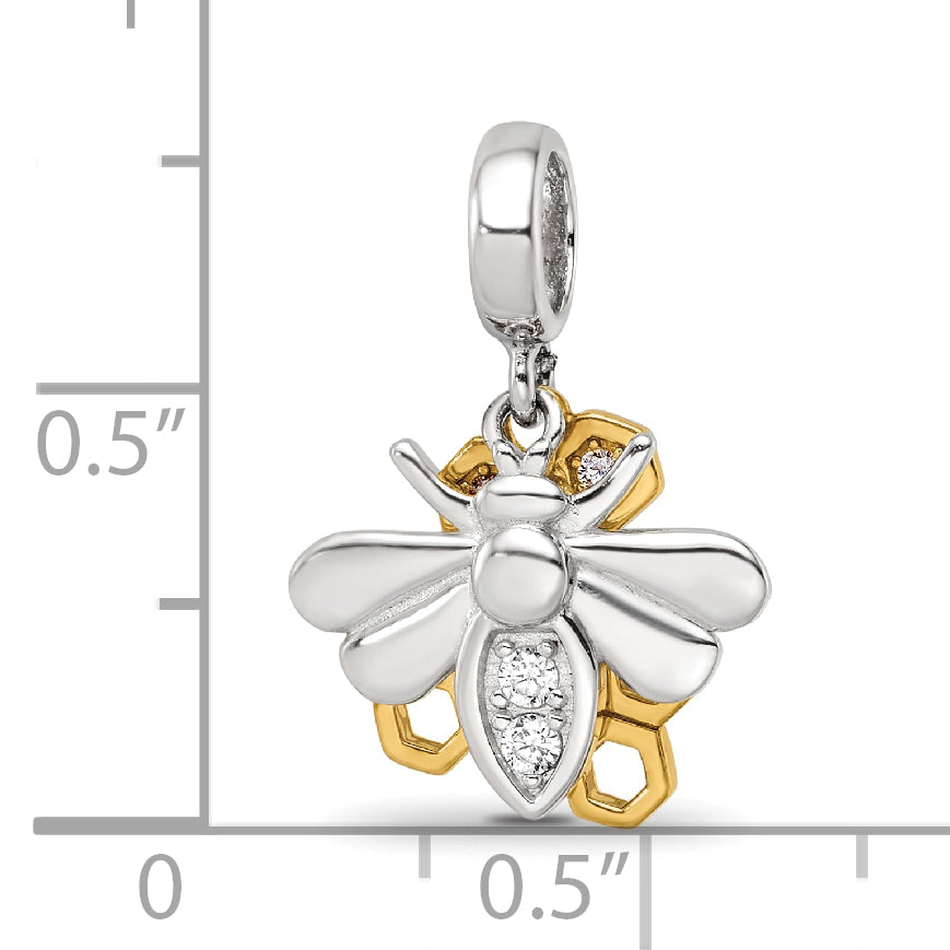 SS Reflections Rh-plated Goldplated CZ Honeycomb Bee 2-piece Dangle Bead