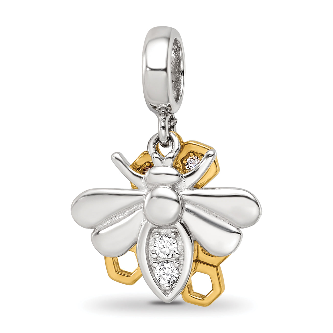 SS Reflections Rh-plated Goldplated CZ Honeycomb Bee 2-piece Dangle Bead