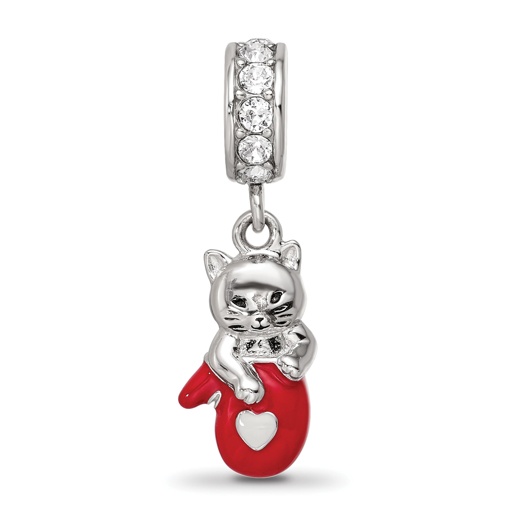 SS Reflections Rhod-plated Crystals Enamel Kitten Dangle Bead