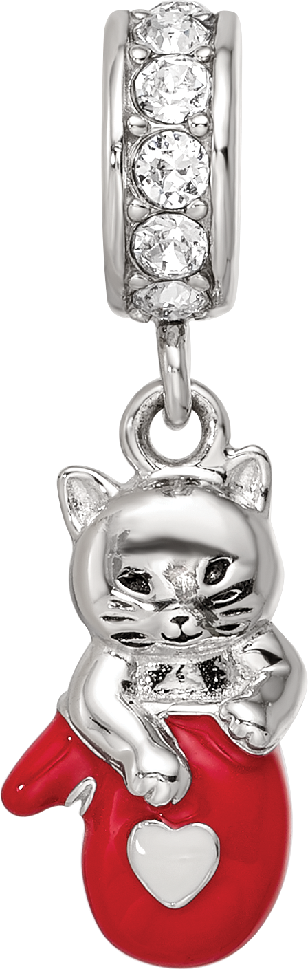 SS Reflections Rhod-plated Crystals Enamel Kitten Dangle Bead