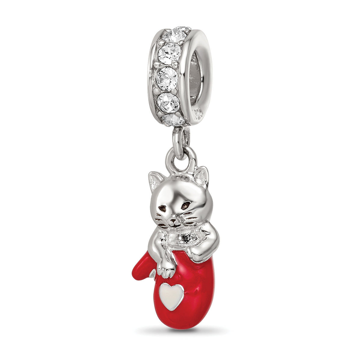 SS Reflections Rhod-plated Crystals Enamel Kitten Dangle Bead