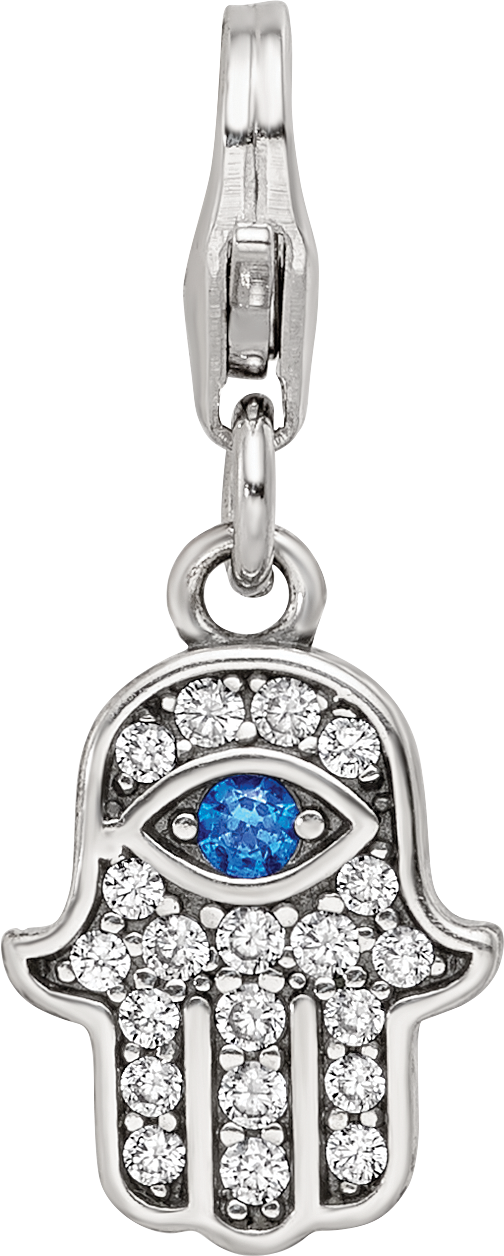 SS Reflections Rhod-plated CZ & Blue Spinel Hamsa/Chamseh Click-On Bead