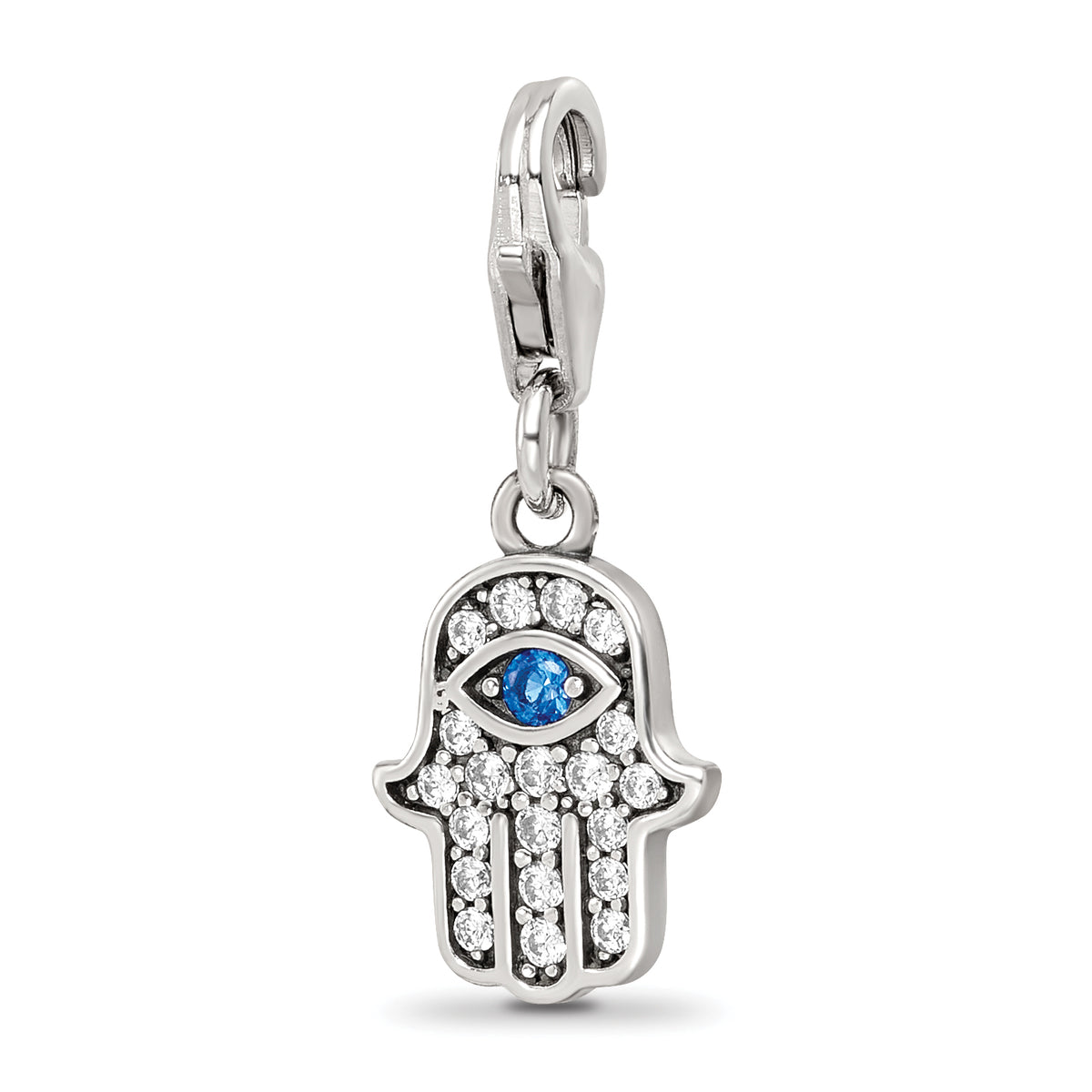 SS Reflections Rhod-plated CZ & Blue Spinel Hamsa/Chamseh Click-On Bead