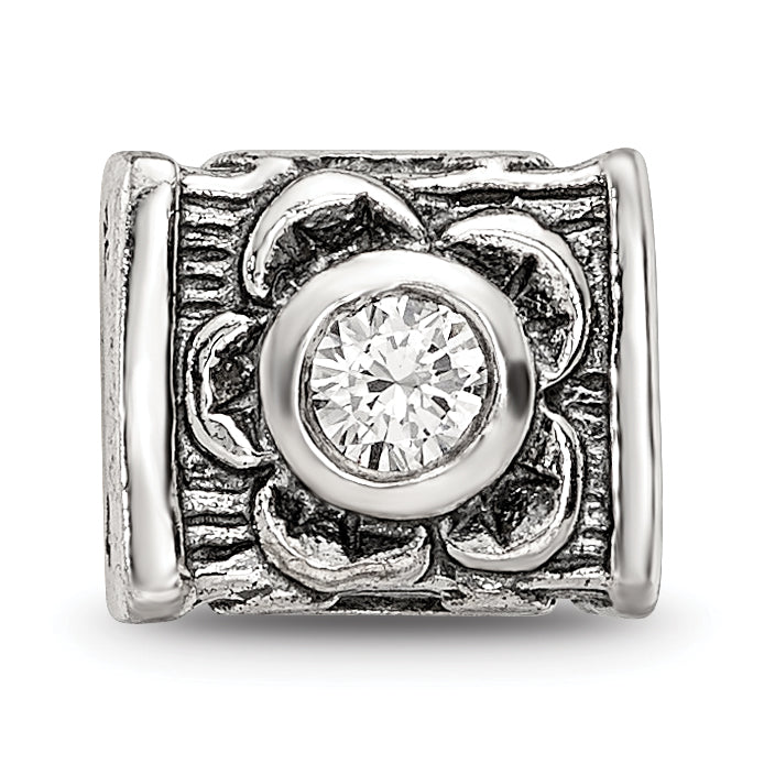 Sterling Silver 925 Antiqued CZ Bead with White Crystal Sparkle