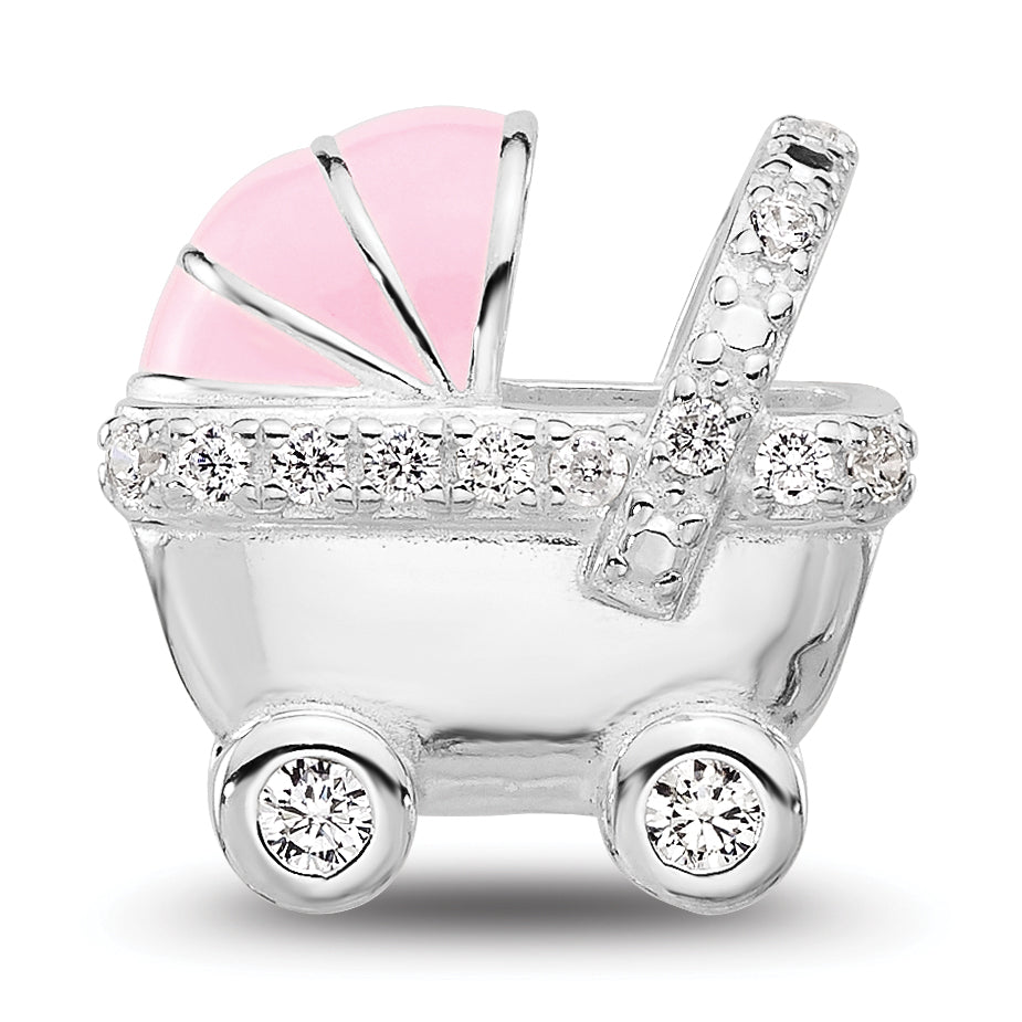 Sterling Silver Reflections Rh-plated Pink Enamel & CZ Stroller Bead