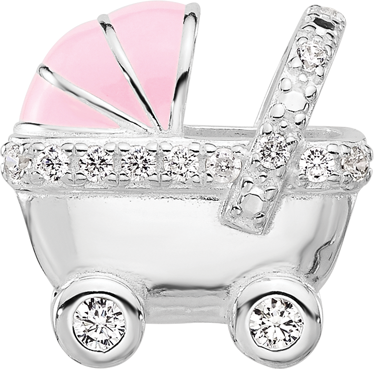 Sterling Silver Reflections Rh-plated Pink Enamel & CZ Stroller Bead