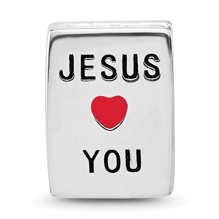 SS Reflections RH-plated Enamel &CZ Cross Jesus Loves You Square Bead