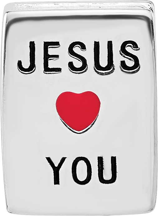 SS Reflections RH-plated Enamel &CZ Cross Jesus Loves You Square Bead