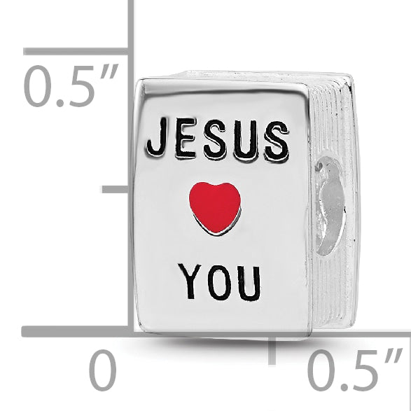SS Reflections RH-plated Enamel &CZ Cross Jesus Loves You Square Bead
