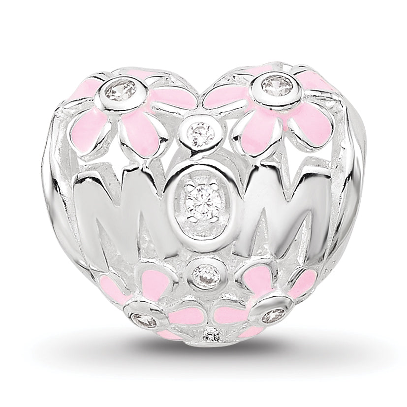 SS Reflections RH-plated Pink Enamel CZ Floral Mom Heart Bead