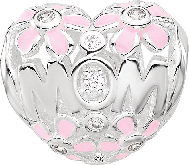 SS Reflections RH-plated Pink Enamel CZ Floral Mom Heart Bead