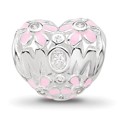 SS Reflections RH-plated Pink Enamel CZ Floral Mom Heart Bead