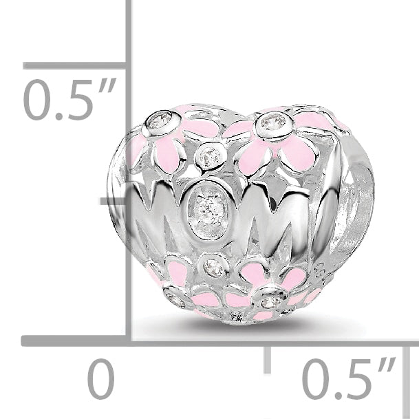 SS Reflections RH-plated Pink Enamel CZ Floral Mom Heart Bead