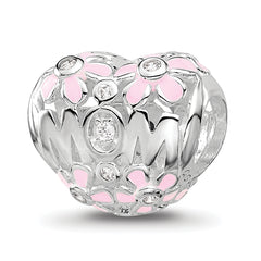 SS Reflections RH-plated Pink Enamel CZ Floral Mom Heart Bead