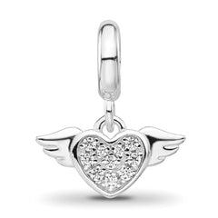 Sterling Silver Reflections Rh-plated CZ Heart with Wings Dangle Bead