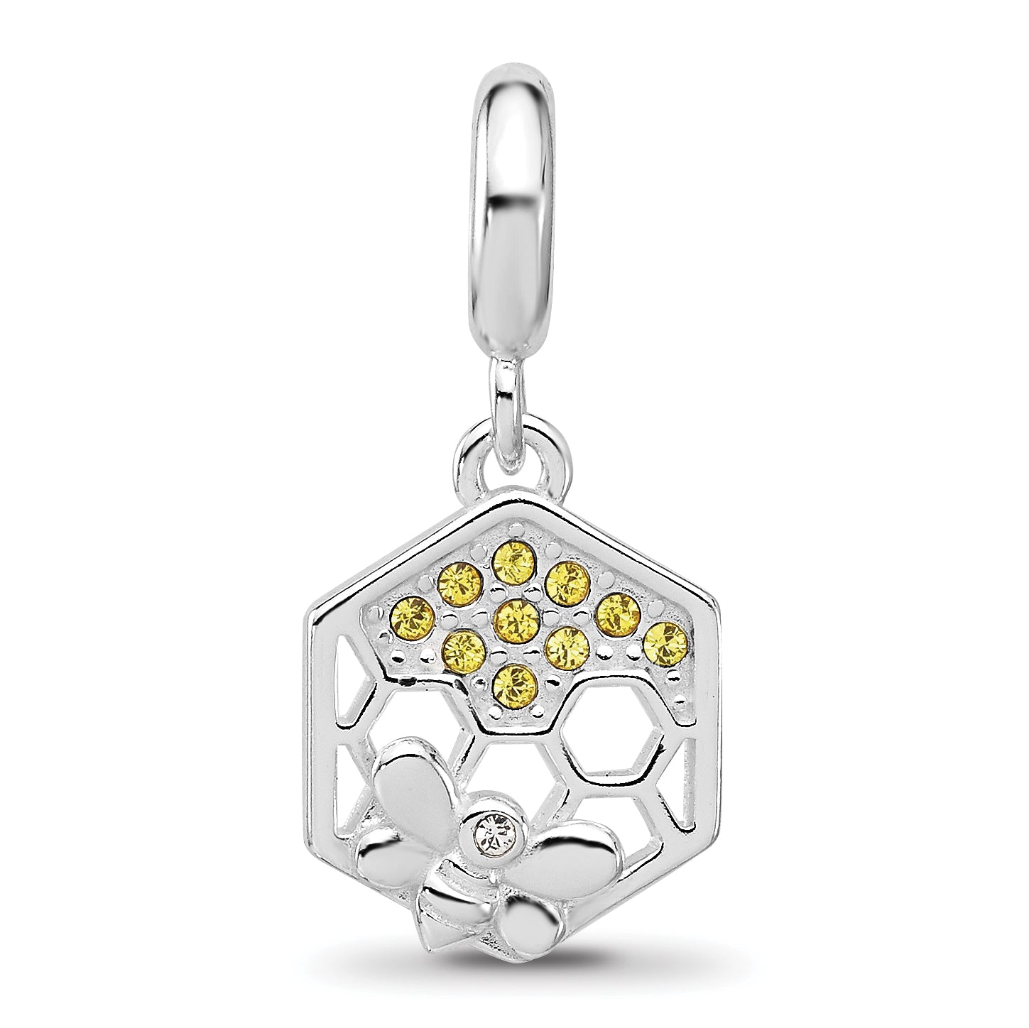 SS Reflections Rh-plated CZ Bee with Honeycomb Dangle Bead