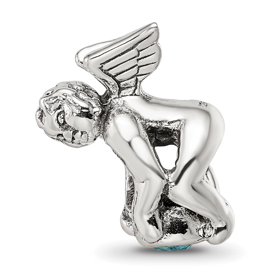 Sterling Silver March CZ Antiqued Bead with Blue Stone Essence