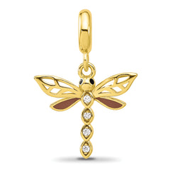 Sterling Silver Reflections Gold-plated CZ and Enamel Dragonfly Dangle Bead