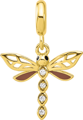 Sterling Silver Reflections Gold-plated CZ and Enamel Dragonfly Dangle Bead
