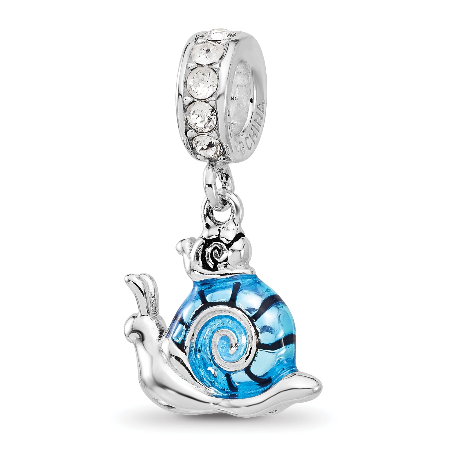 SS Reflections Rhodium-plated Crystal Blue Enamel Snail Dngle Bead