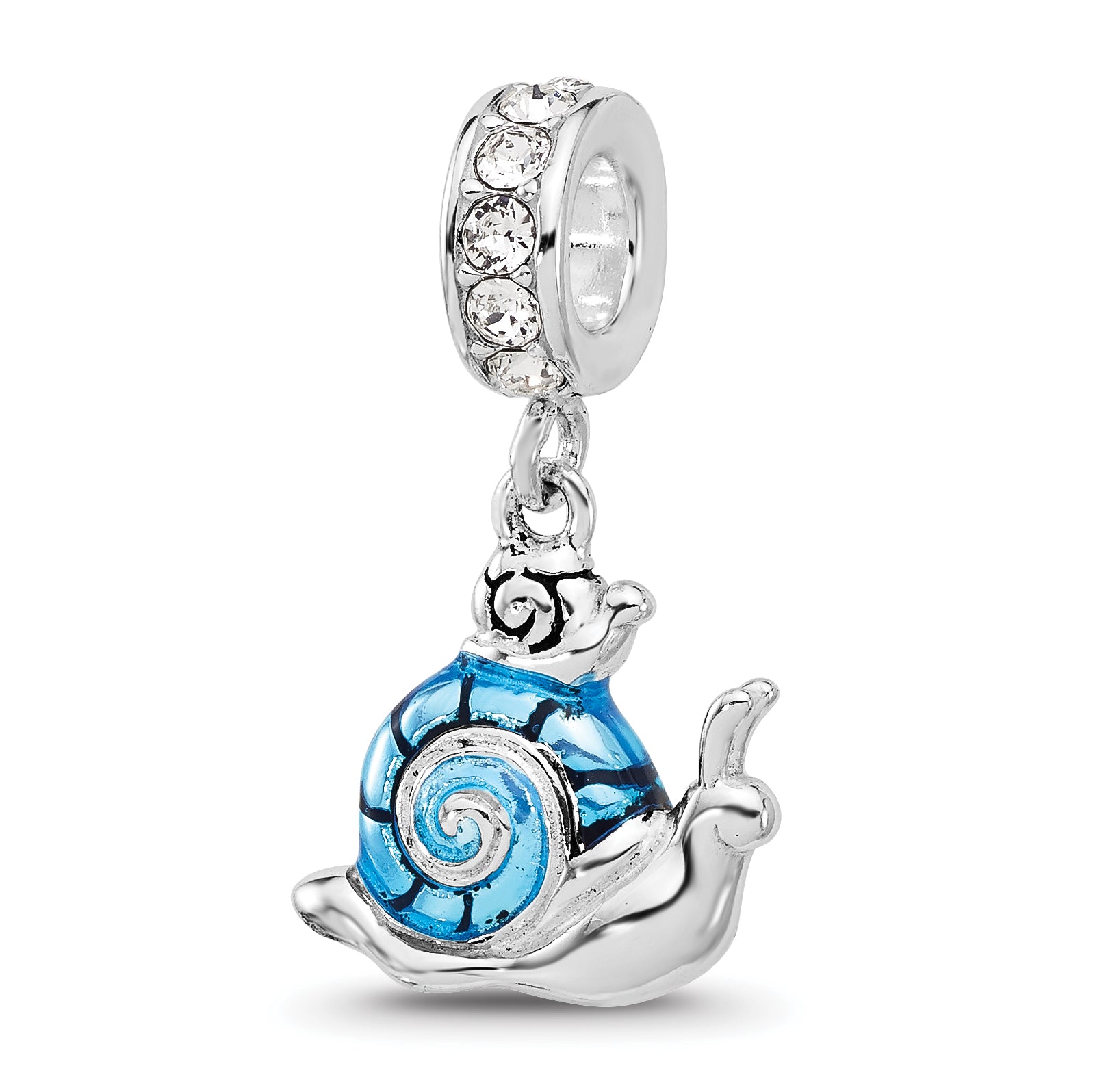 SS Reflections Rhodium-plated Crystal Blue Enamel Snail Dngle Bead