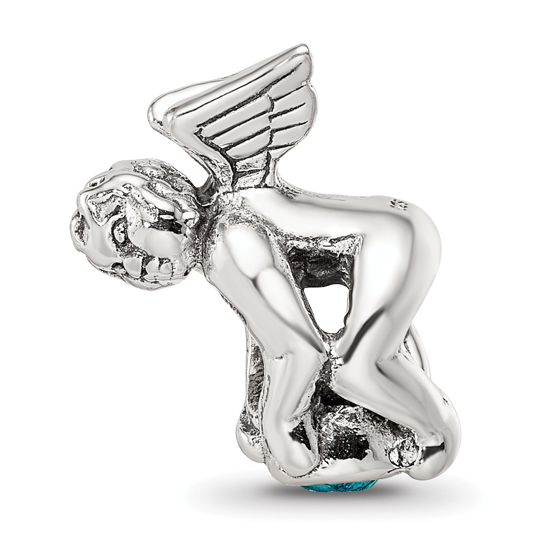 Sterling Silver 925 Antiqued Bead with Blue CZ Stone Elegant Casted Design