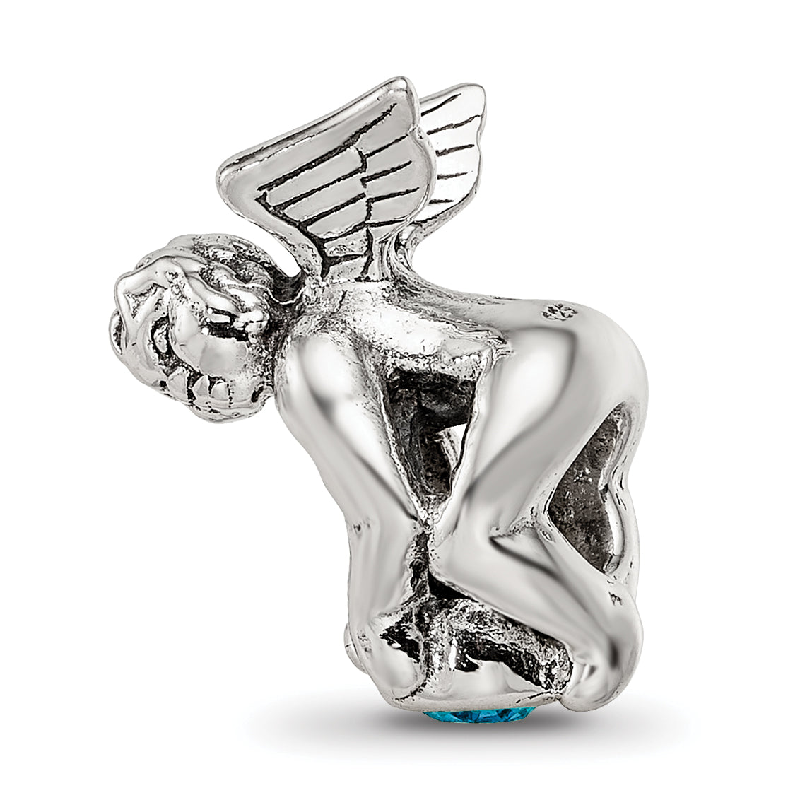 Sterling Silver 925 Antiqued Bead with Blue CZ Stone Elegant Casted Design