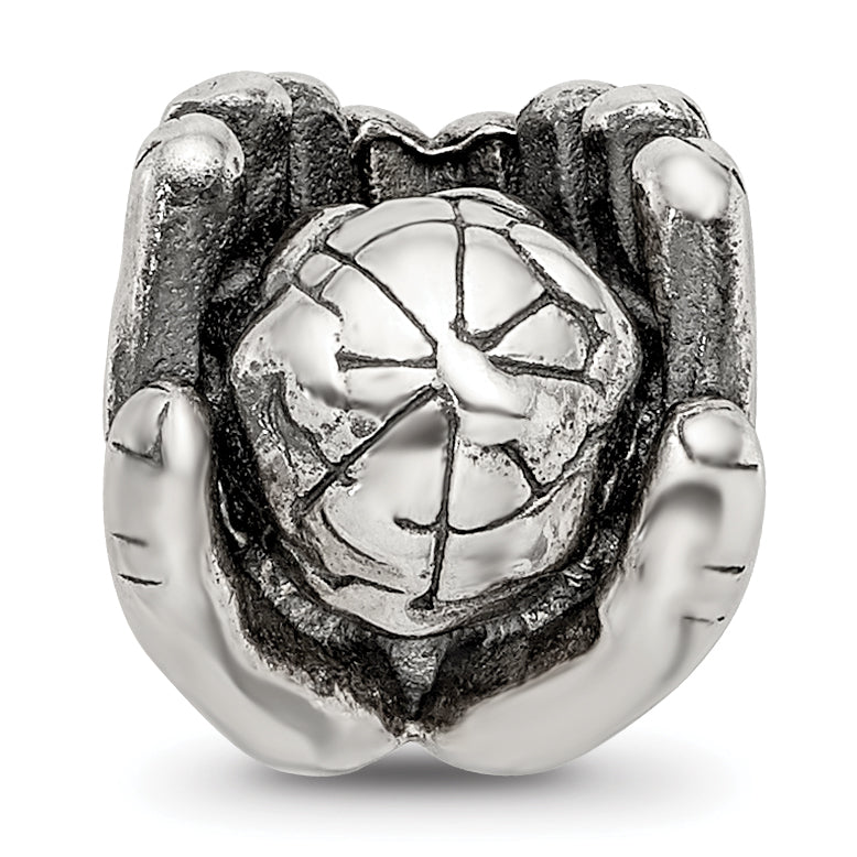 Sterling Silver 925 World in Hands Bead with Antiqued Finish  Solid, Themed Design