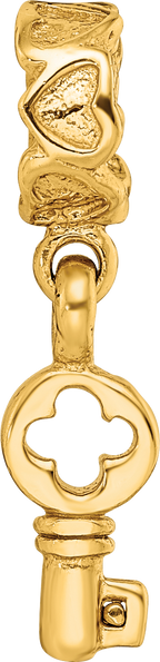Sterling Silver 14K Gold-Plated Key Dangle Bead with Hearts  Polished Finish